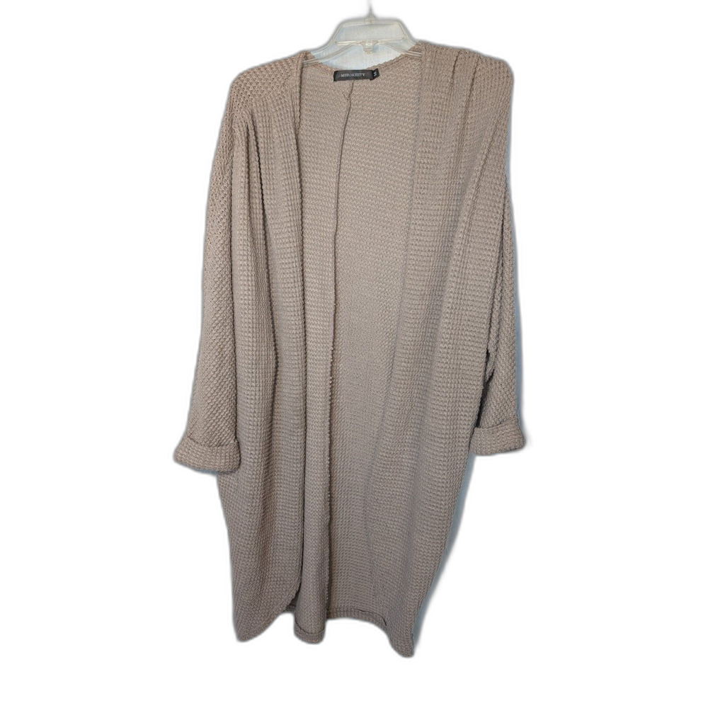 cozycore MEROKEETY Waffle Knit Cardigan Sweater Taupe Oversized Open Front SZ. M